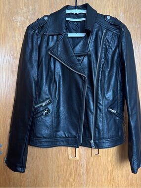 INC International Concepts Black Faux Leather Moto Jacket with Silver Hardware